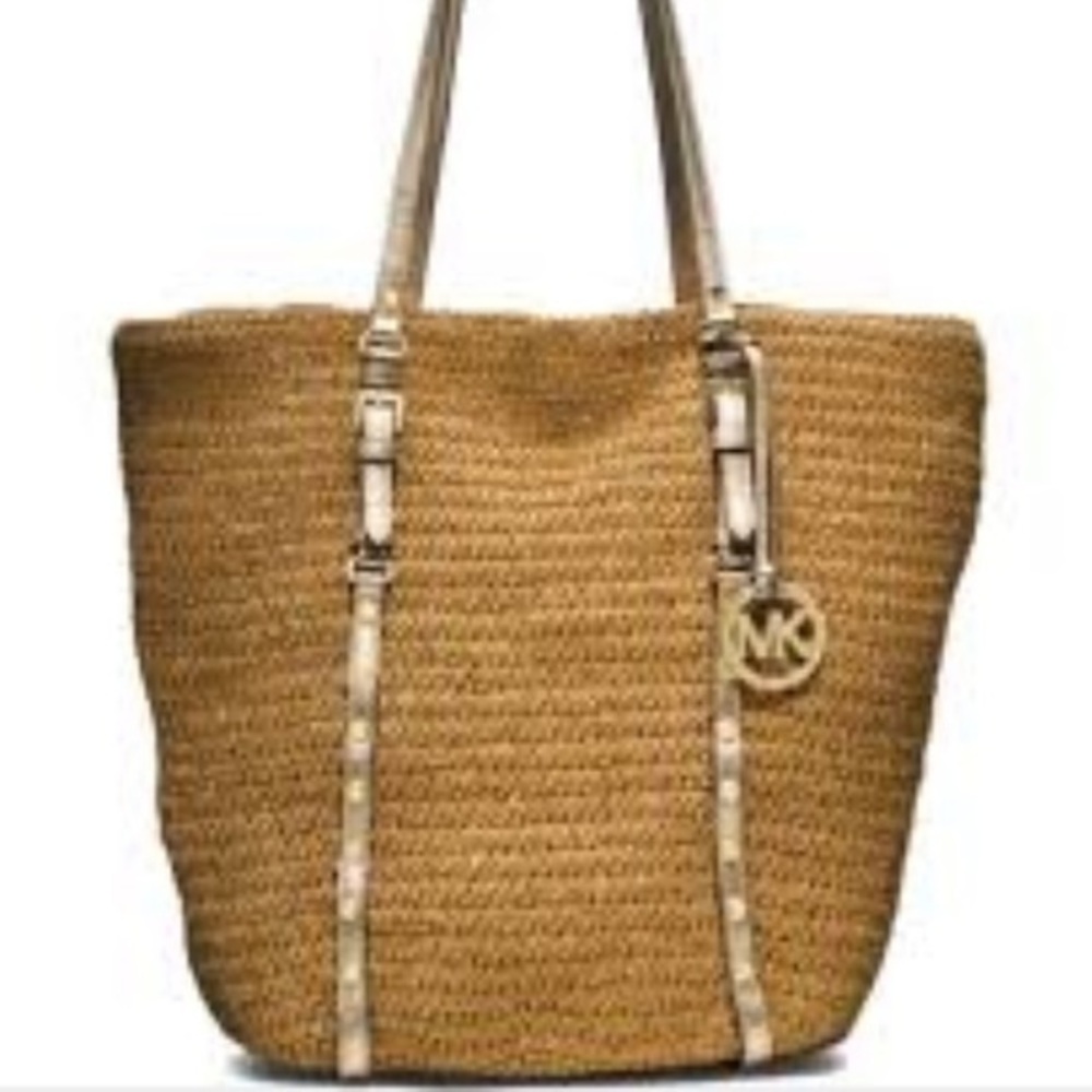 Michael Kors Gold leather Studded wicker beach tote bag